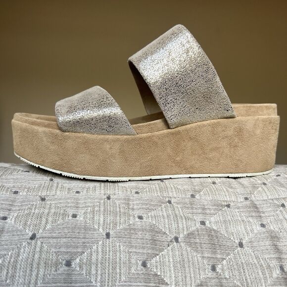 J Slides NYC Quincy Metallic Gold Brushed Suede Platform Sandals Women US 9.5 M - Picture 1 of 16